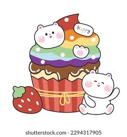 Cute cup cake rainbow flavor with bear face cookies and strawberry.Bakery and dessert hand drawn.Image for Pride month,card,baby clothing.Animal character design.Kawaii.Vector.Illustration.