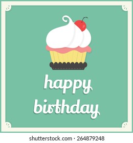 cute cup cake and text "happy birthday" with white frame on blue background.