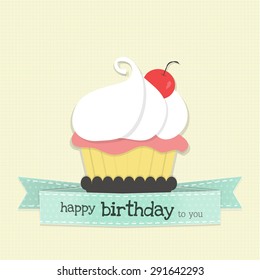 cute cup cake and text "happy birthday to you" above blue ribbon.