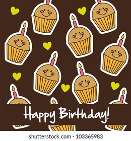 cute cup cakes, happy birthday card. vector illustration