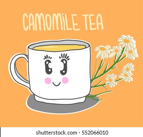 Cute cup with camomile tea. Vector illustration.