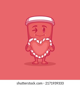 Cute cup character holding a straw heart vector illustration. Emotion, funny, love design concept.