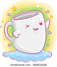 Cute cup character on the cloud of illustration