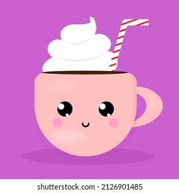 Cute cup character in a trendy kawaii style hot drink with cream and a pipe, print on a textile t-shirt, or packaging vector