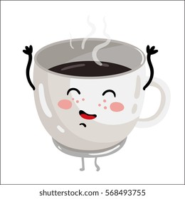 Cute cup of coffee cartoon character isolated on white background vector illustration. Funny positive and friendly hot drink emoticon face icon. Happy smile cartoon face, comical coffee cup mascot