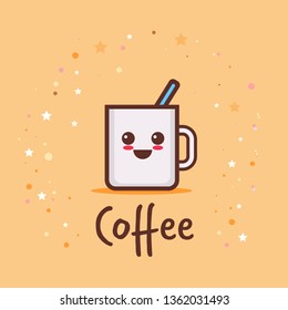 cute cup of coffee cartoon comic character with smiling face happy emoji kawaii style hot drink concept