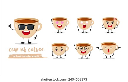 cute cup of coffee cartoon with many expressions. drink character different activity pose vector illustration flat design set with sunglasses.