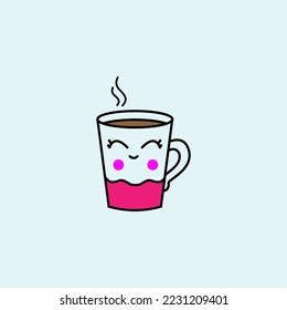 Cute Cup of Coffee Cartoon. Vector illustration, isolated, on blue background.	
