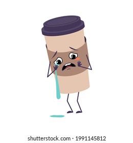 Cute cup of coffee character with crying and tears emotions, face, arms and legs. The funny or sad paper glass for a drink. Vector flat illustration
