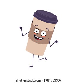 Cute cup of coffee character with emotions dancing, smiling face, arms and legs. The funny, happy or smile hero, joyful paper glass for a drink. Vector flat illustration