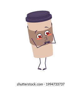 Una taza de café de personaje se enamora de los ojos, la cara de beso, los brazos y las piernas. Las emociones divertidas o sonrientes atragantan un café. Ilustración plana del vector