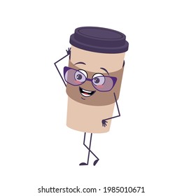 Cute cup of coffee character with glasses and joyful emotions, smiling face, happy eyes, arms and legs. A mischievous paper glass for a drink. Vector flat illustration