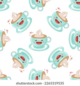 Cute cup of coffee with cream seamless pattern. Vector illustration. Food icon concept. Flat cartoon style.	