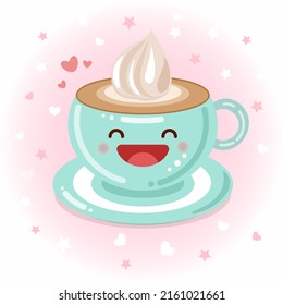 Cute cup of coffee with cream. Vector icon illustration. Sticker cartoon logo. Food  concept.  Flat cartoon style suitable for web landing page, banner, sticker, background. Kawaii cup of coffee.