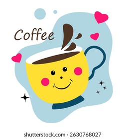 Cute cup of coffee with face on white background.
