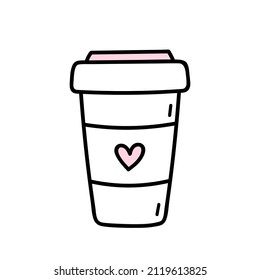Cute cup of coffee to go isolated on white background. Vector hand-drawn illustration in doodle style. Perfect for Valentine's Day designs, cards, logo, decorations.