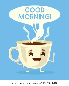 Cute Cup Of Coffee. Good Morning With Black Coffee. Vector Flat Cartoon Illustration