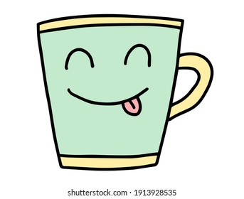 Cute Cup Of Coffee. Hand drawn lines cartoon characters. Cappuccino, americano, latte, mocha. Concept of hot drinks, morning and breakfast. Vector illustration.