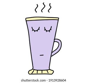 Cute Cup Of Coffee. Hand drawn lines cartoon characters. Cappuccino, americano, latte, mocha. Concept of hot drinks, morning and breakfast. Vector illustration.