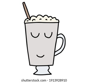 Cute Cup Of Coffee. Hand drawn lines cartoon characters. Cappuccino, americano, latte, mocha. Concept of hot drinks, morning and breakfast. Vector illustration.
