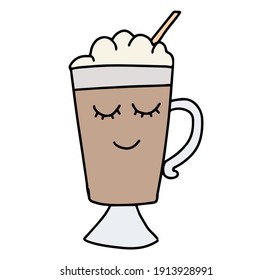 Cute-Cup des Kaffees. Handgezeichnete Cartoon-Figuren. Cappuccino, americano, latte, mocha. Konzept des Morgens und des Frühstücks. Vektorgrafik.