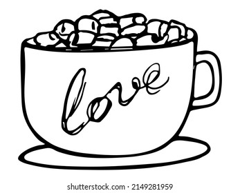 Cute cup of coffee or hot chocolate with marshmallow. Illustration isolated on a white background. Simple mug clipart. Cozy home doodle.