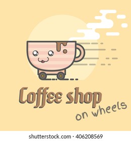 Cute cup of coffee logo for coffee shop on wheels