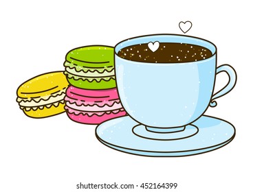 Cute cup of coffee with macarons