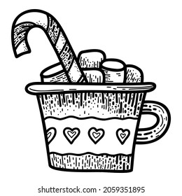 Cute cup of coffee with marshmallow and candy cane. Vector black sketch on a white background.
