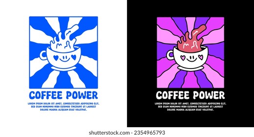 Cute cup of coffee mascot in groovy background with coffee power typography, illustration for logo, t-shirt, sticker, or apparel merchandise. With doodle, retro, groovy, and cartoon style.