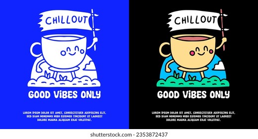 Cute cup of coffee mascot running and holding flag with good vibes only typography, illustration for logo, t-shirt, sticker, or apparel merchandise. With doodle, retro, groovy, and cartoon style.