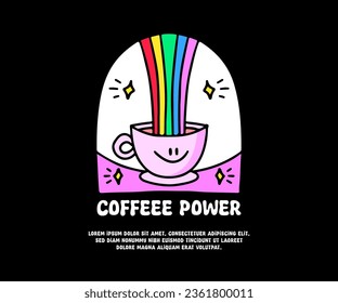 taza de café y arco iris con texto de potencia de café, ilustración para logotipo, camiseta, pegatina o prendas de vestir. Con doodle, retro, groovy y estilo de dibujos animados.