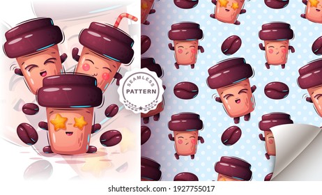 Cute cup coffee - seamless pattern. Vector eps 10