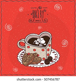 Cute cup of coffee in the shape of heart and chocolate candies and cookies, lie on lacy napkin. Red background and ornate lettering bakery. Handmade cartoon style. Vector illustration