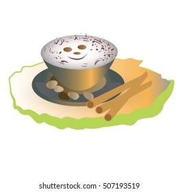 Cute cup of coffee. Smile with capuchino, beans and .cinnamon. Vector cartoon illustration