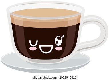 Cute cup of coffee sticker kawaii icon vector design. Adorable charming hot drink with whipped cream in cup with positive emotion, japanese, oriental culture symbol anime, innocence and childishness