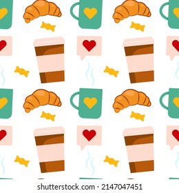 Cute cup of coffee and tea with croissant and candies. Seamless pattern. Can be used for wallpaper, fill web page background, surface textures