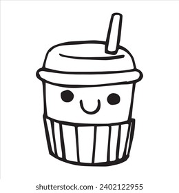 cute cup with coffee, vector drawing in doodle style, kawaii.