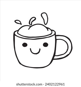 cute cup with coffee, vector drawing in doodle style, kawaii.