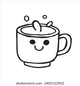 cute cup with coffee, vector drawing in doodle style, kawaii.