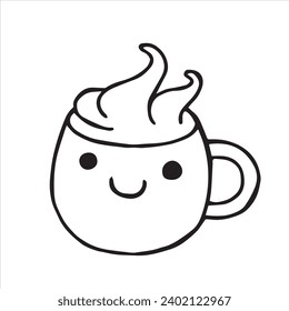 cute cup with coffee, vector drawing in doodle style, kawaii.