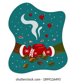 Cute cup of coffee in warm hands in mittens. Conceptual winter composition. Avatar, Emblem, Label, Icon, Logo, Card.Vector decorative for Valentinas day. Cartoon style. 
Bright card with a hot drink.