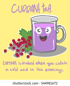 Cute cup of currant Tea vector illustration, with text, on pastel yellow background.