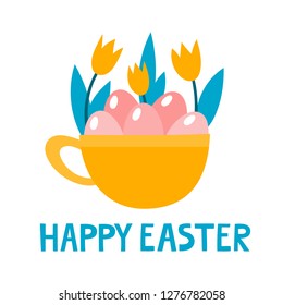 Cute cup with eggs and tulips for easter isolated on white. Vector illustration in pink, blue and yellow colors used for kids magazine, book, stickers, greeting cards.