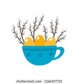 Cute cup with eggs and willow for easter isolated on white. Vector illustration in gray, blue and yellow colors used for kids magazine, book, stickers, greeting cards.