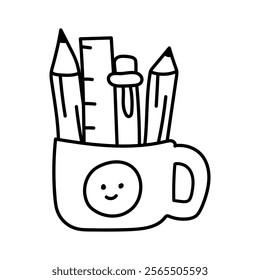 Cute cup with emoticon and stationery. Stand for pens and pencils, ruler. Black and white illustration, hand drawn coloring. 