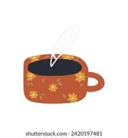 Cute cup with floral pattern, cartoon flat vector illustration isolated on white background. Hand drawn mug with flowers. Hot tea or coffee.