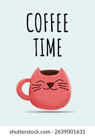 Cute cup in the form of a cat on a light background, coffee time. Suitable for postcards, posters, banners, web graphics, gift cards. Vector in the style of minimalism
