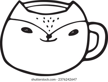 Cute cup in form of fox doodle clipart.Vector illustration in trendy doodle style isolated on white background.New Year and Christmas symbols for decoration. Exclusive design elements, icon, handmade.