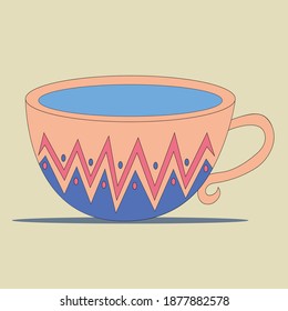 Cute cup with geometric pattern in pastel colors. Tea break. A cup of water. Vector flat illustration